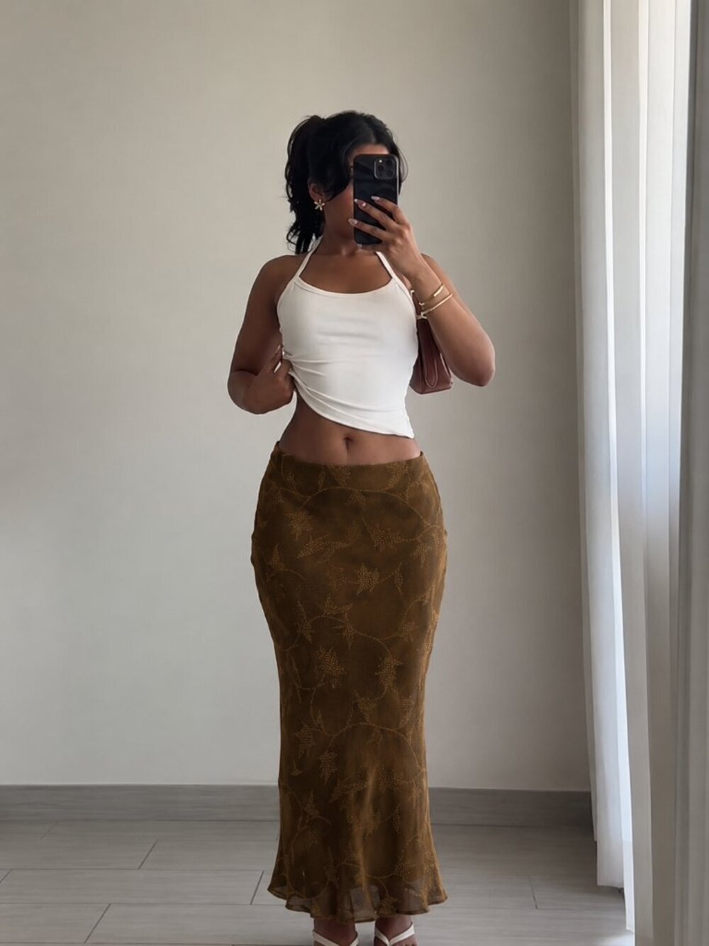 Jones New York 100% Silk Floral Midi Skirt Brown Size 14